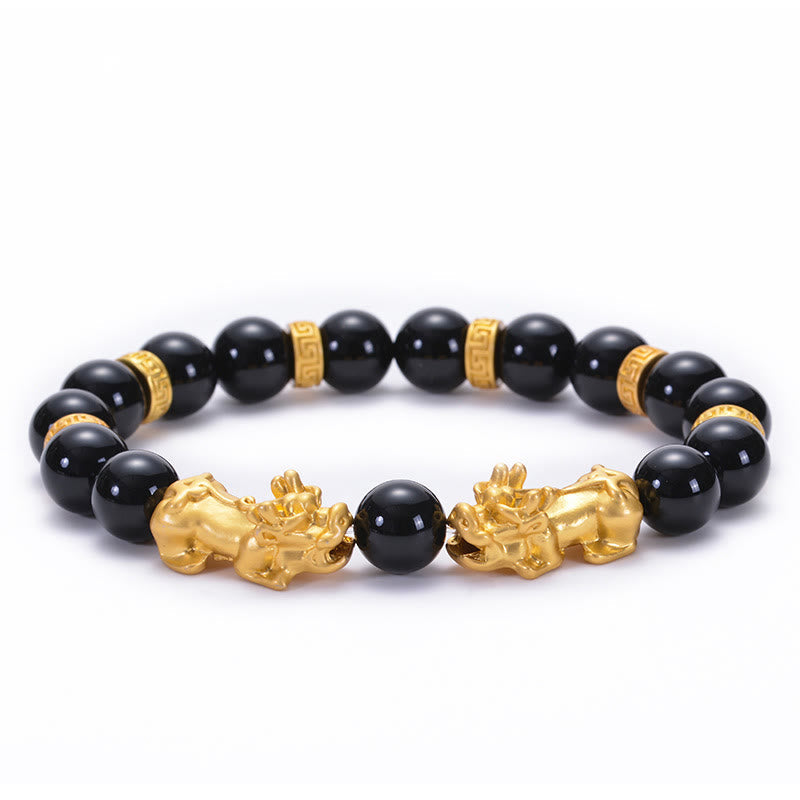 KarmaRipple's Black Obsidian Black Onyx Golden Alloy Two PiXiu Om Mani Padme Hum Strength Bracelet p14