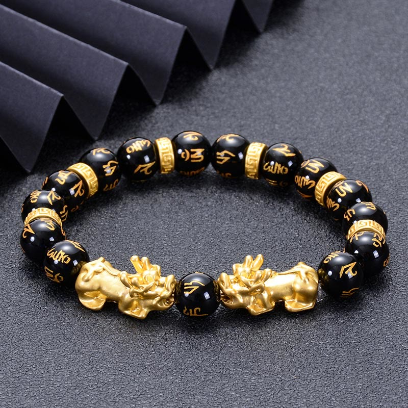 KarmaRipple's Black Obsidian Black Onyx Golden Alloy Two PiXiu Om Mani Padme Hum Strength Bracelet p3