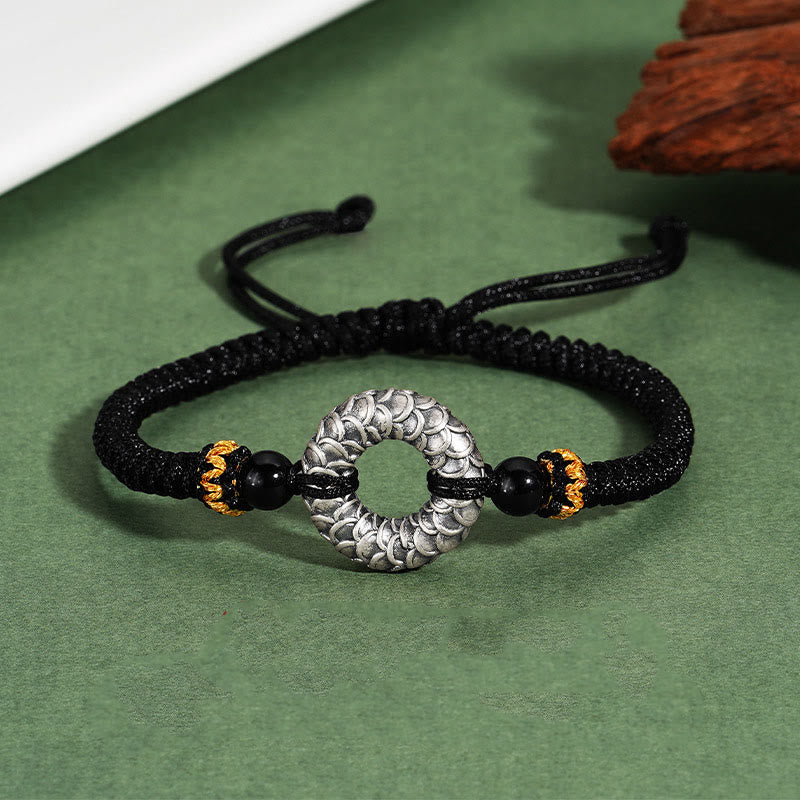 KarmaRipple's Handmade Black Onyx 999 Sterling Silver Peace Buckle Dragon Black String Fortune Woven Bracelet p12
