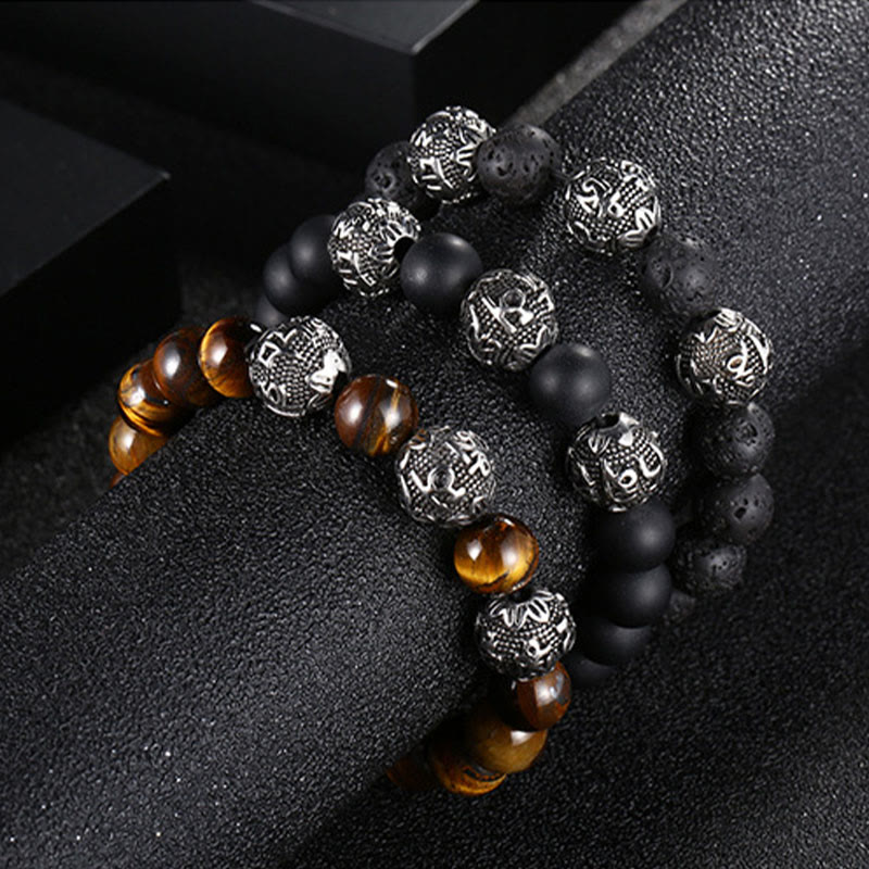 KarmaRipple's Authentic Tiger Eye Lava Rock Black Obsidian Titanium Steel Six-True-Words Om Mani Padme Hum Protection Bracelet p19