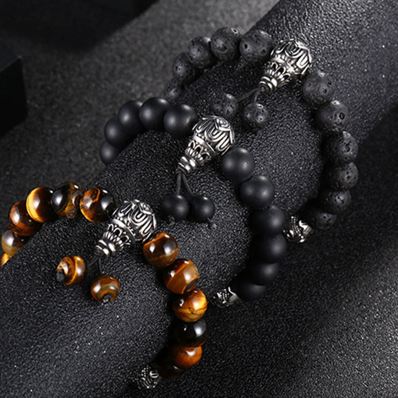 KarmaRipple's Authentic Tiger Eye Lava Rock Black Obsidian Titanium Steel Six-True-Words Om Mani Padme Hum Protection Bracelet p20