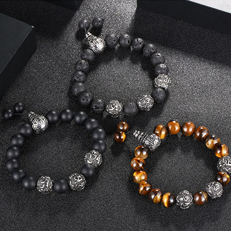 KarmaRipple's Authentic Tiger Eye Lava Rock Black Obsidian Titanium Steel Six-True-Words Om Mani Padme Hum Protection Bracelet p21