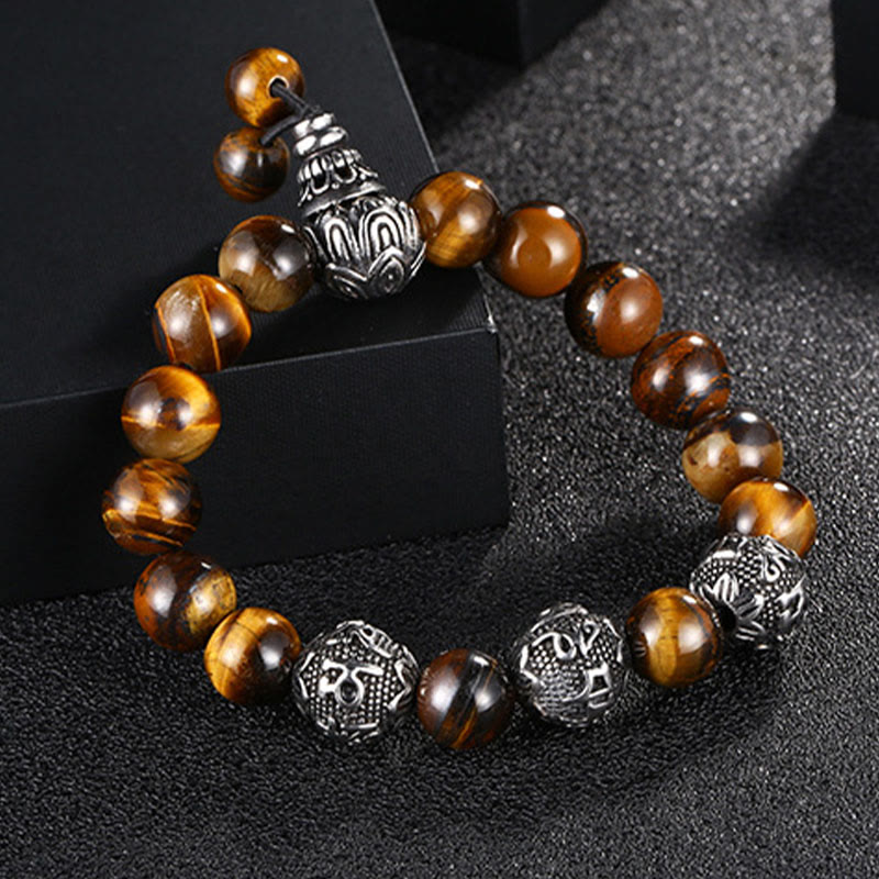 KarmaRipple's Authentic Tiger Eye Lava Rock Black Obsidian Titanium Steel Six-True-Words Om Mani Padme Hum Protection Bracelet p22