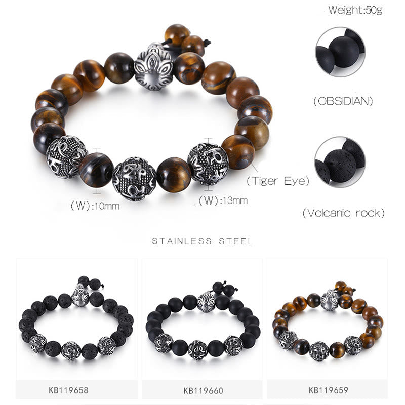 KarmaRipple's Authentic Tiger Eye Lava Rock Black Obsidian Titanium Steel Six-True-Words Om Mani Padme Hum Protection Bracelet p7