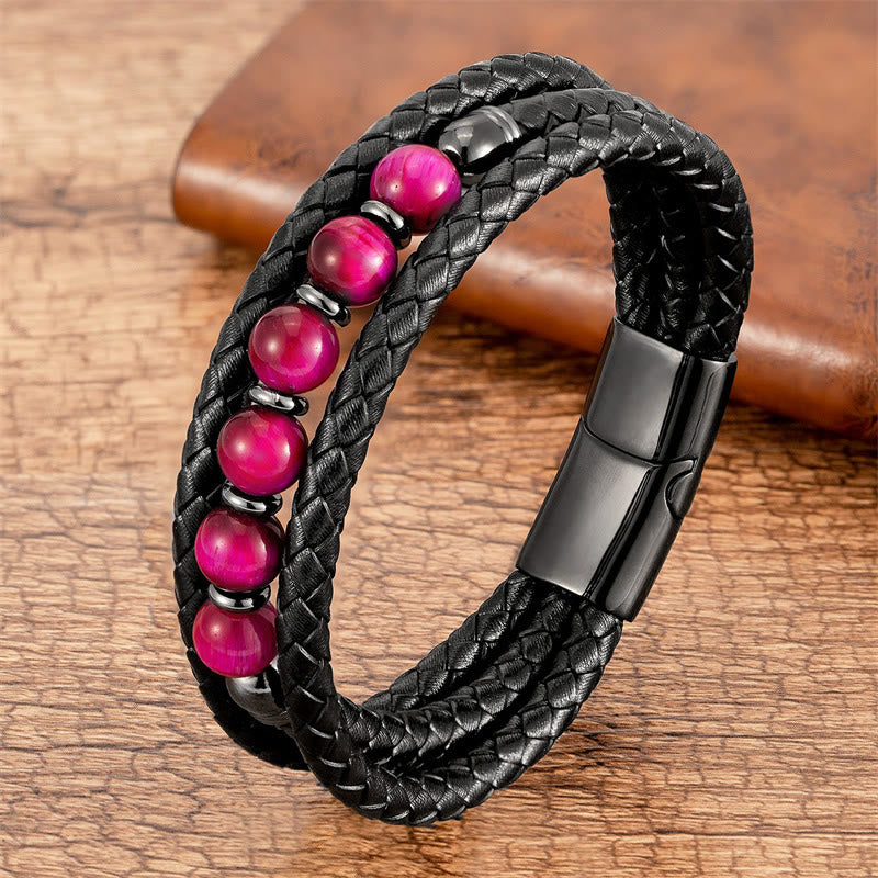 KarmaRipple's Tiger Eye Lava Rock Hematite Black Onyx Bead Positive Leather Bracelet p2