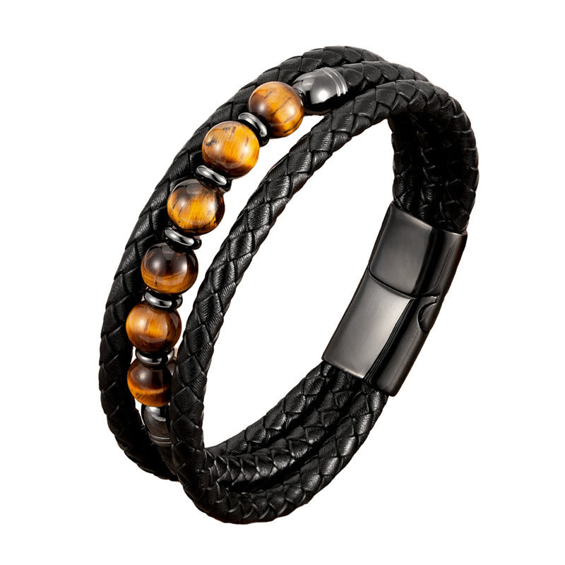 KarmaRipple's Tiger Eye Lava Rock Hematite Black Onyx Bead Positive Leather Bracelet p16