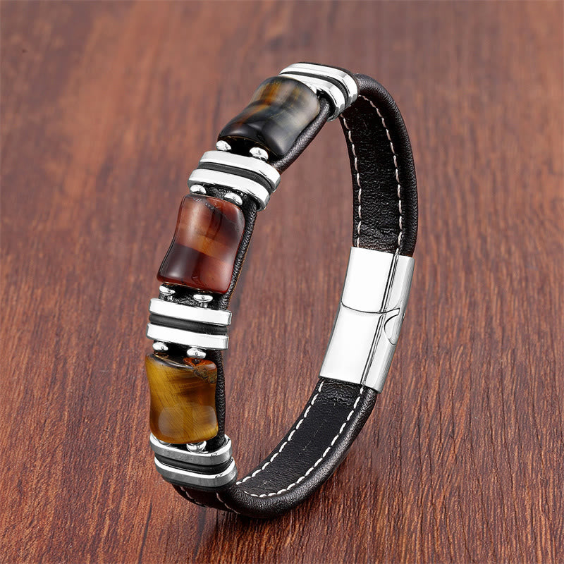 KarmaRipple's Tiger Eye Three Bamboo Stone Protection Power Leather Bracelet p17