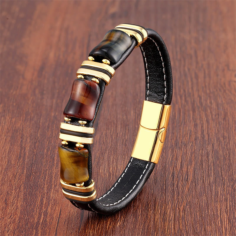 KarmaRipple's Tiger Eye Three Bamboo Stone Protection Power Leather Bracelet p24