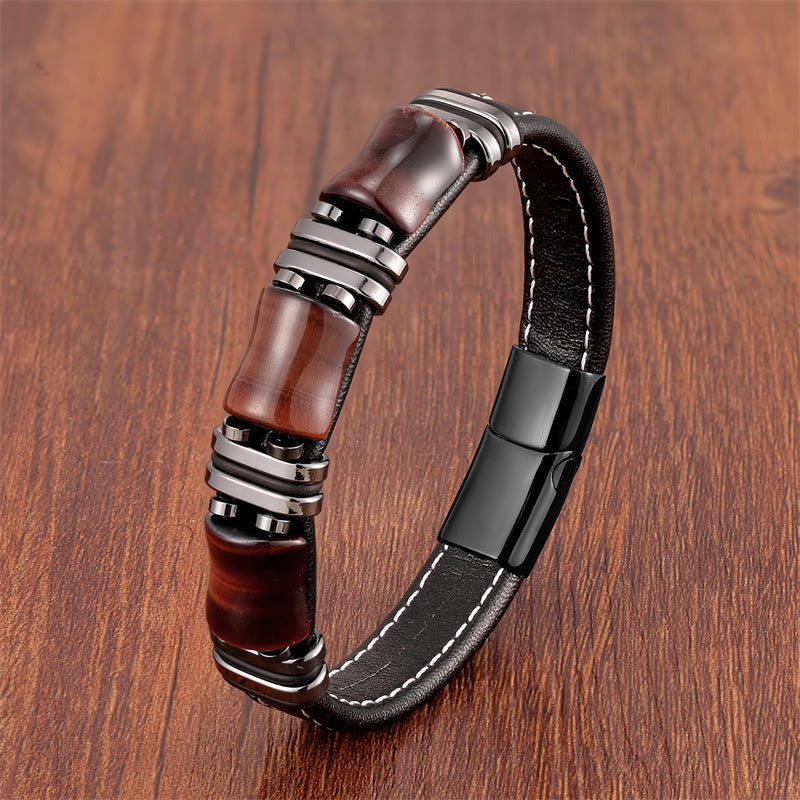 KarmaRipple's Tiger Eye Three Bamboo Stone Protection Power Leather Bracelet p47