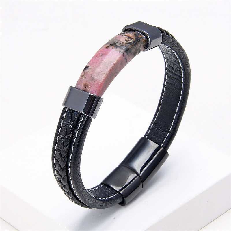 KarmaRipple's Lazurite Tiger Eye Rhodonite Hematite Black Onyx Stone Balance Leather Bracelet p32