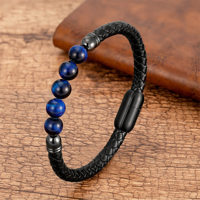 KarmaRipple's Blue Agate Tiger Eye Lava Rock Black Onyx Lazurite Bead Protection Leather Bracelet p35