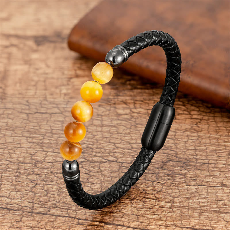 KarmaRipple's Blue Agate Tiger Eye Lava Rock Black Onyx Lazurite Bead Protection Leather Bracelet p39