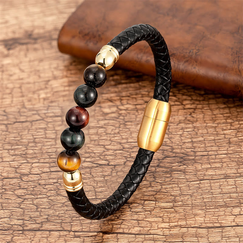 KarmaRipple's Blue Agate Tiger Eye Lava Rock Black Onyx Lazurite Bead Protection Leather Bracelet p12