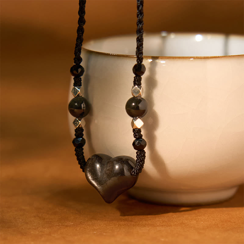 KarmaRipple's Authentic Silver Sheen Obsidian Heart Protection Pendant Necklace p4