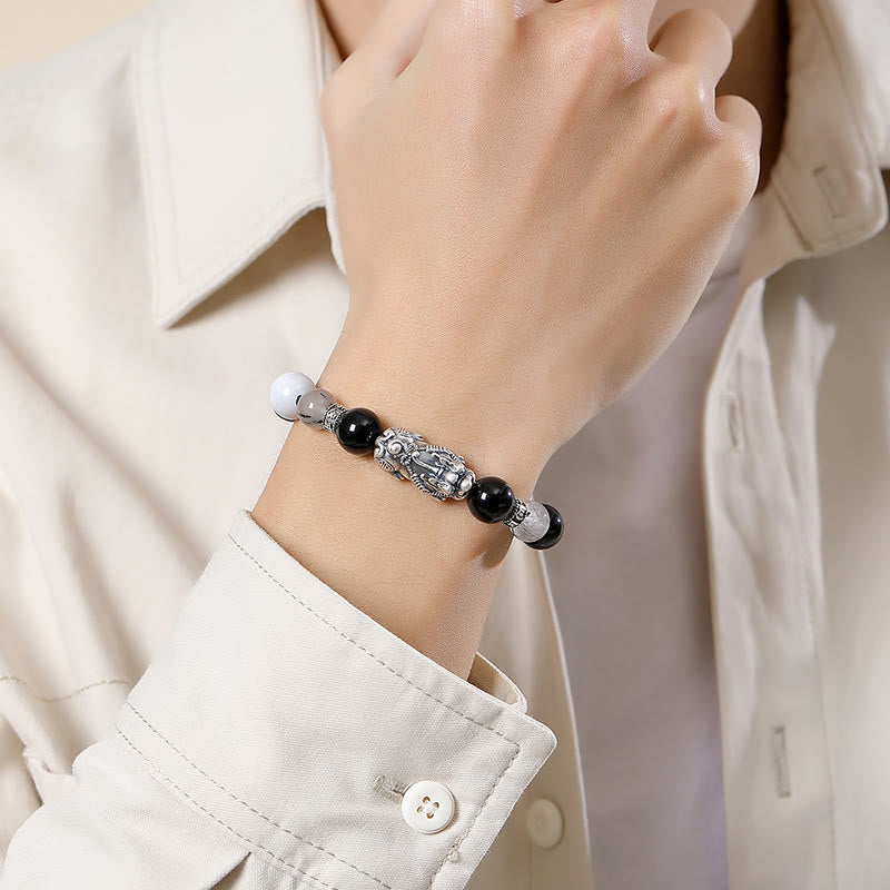 KarmaRipple's Pi Xiu Six True Words 999 Sterling Silver Black Obsidian Ivory Turquoise Chrysoberyl Fortune Bracelet p7