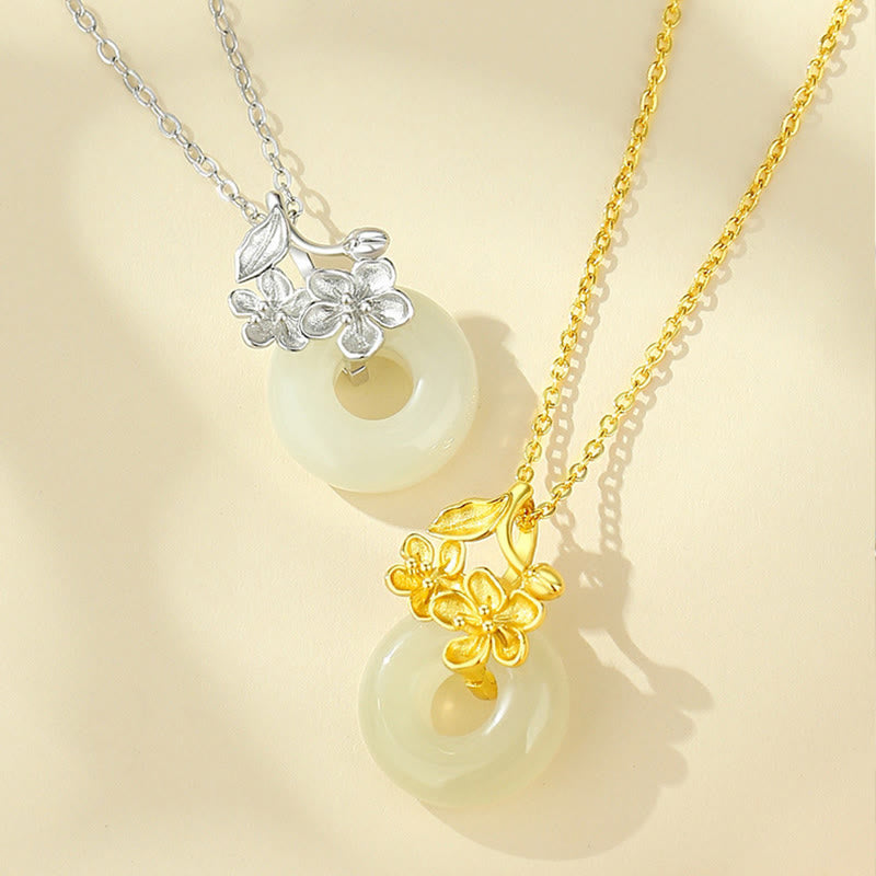 KarmaRipple's Hetian Jade 999 Sterling Silver Peace Buckle Peach Blossom Pendant Necklace p11