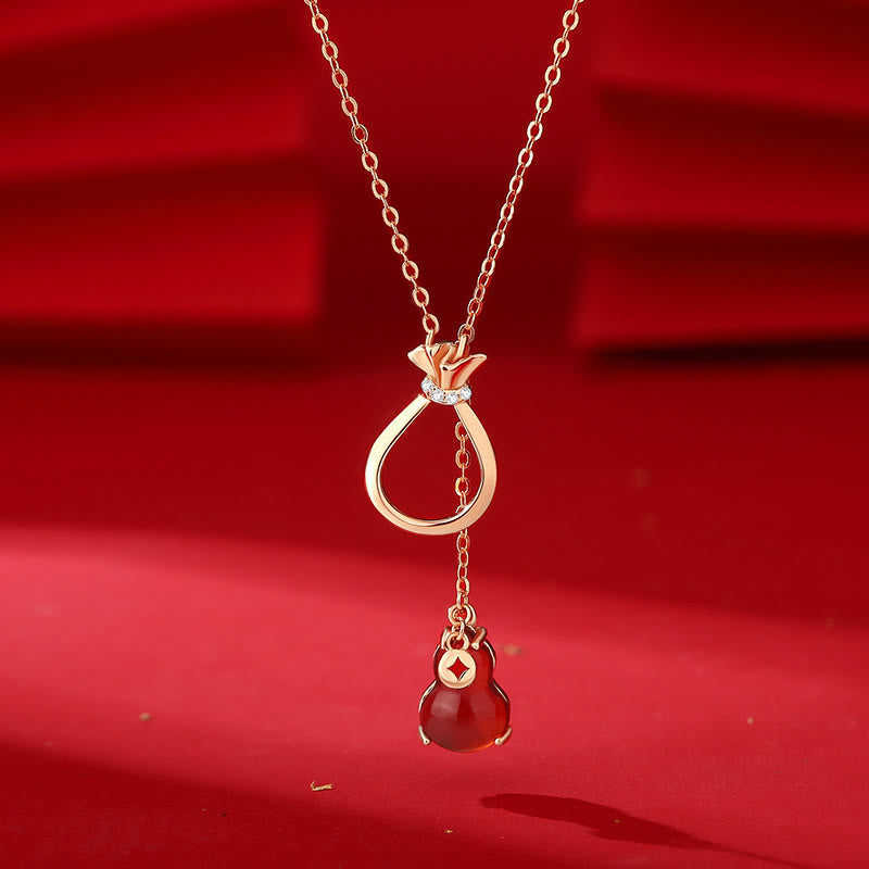 KarmaRipple's Red Agate Chalcedony 925 Sterling Silver Gourd Fortunate Bag Confidence Pendant Necklace p3