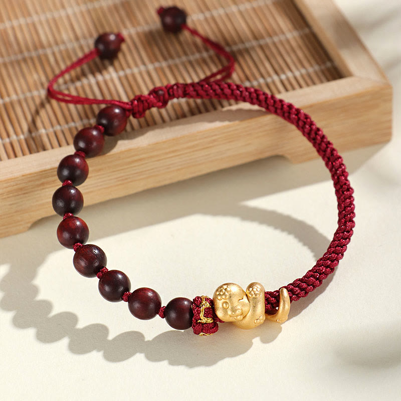 KarmaRipple's Small Leaf Red Sandalwood Ebony Wood Beadwork 999 Year Of The Snake Cotton Rope Protection Woven Bracelet p4