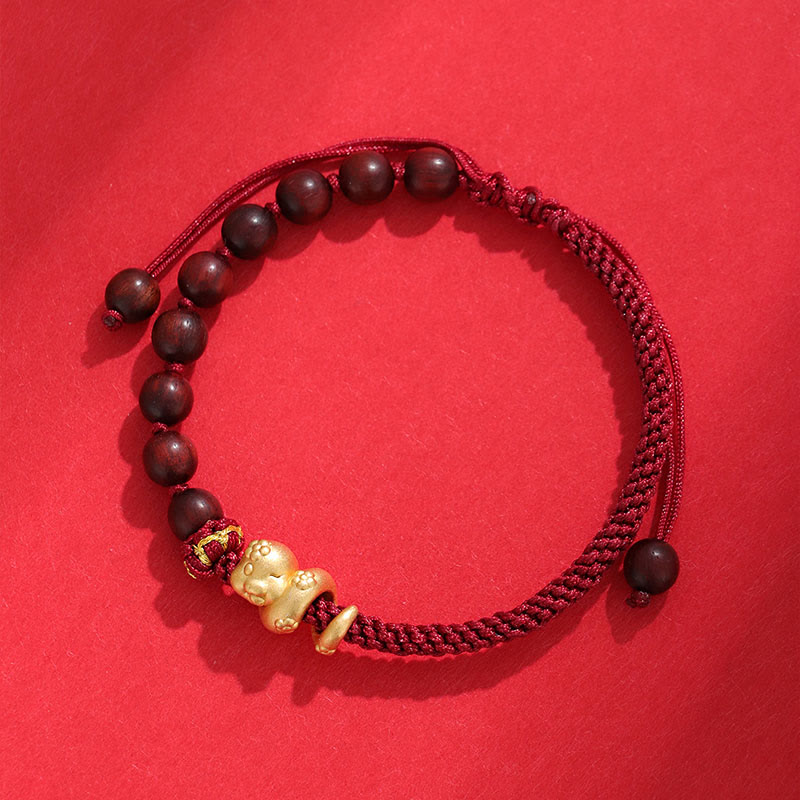 KarmaRipple's Small Leaf Red Sandalwood Ebony Wood Beadwork 999 Year Of The Snake Cotton Rope Protection Woven Bracelet p1