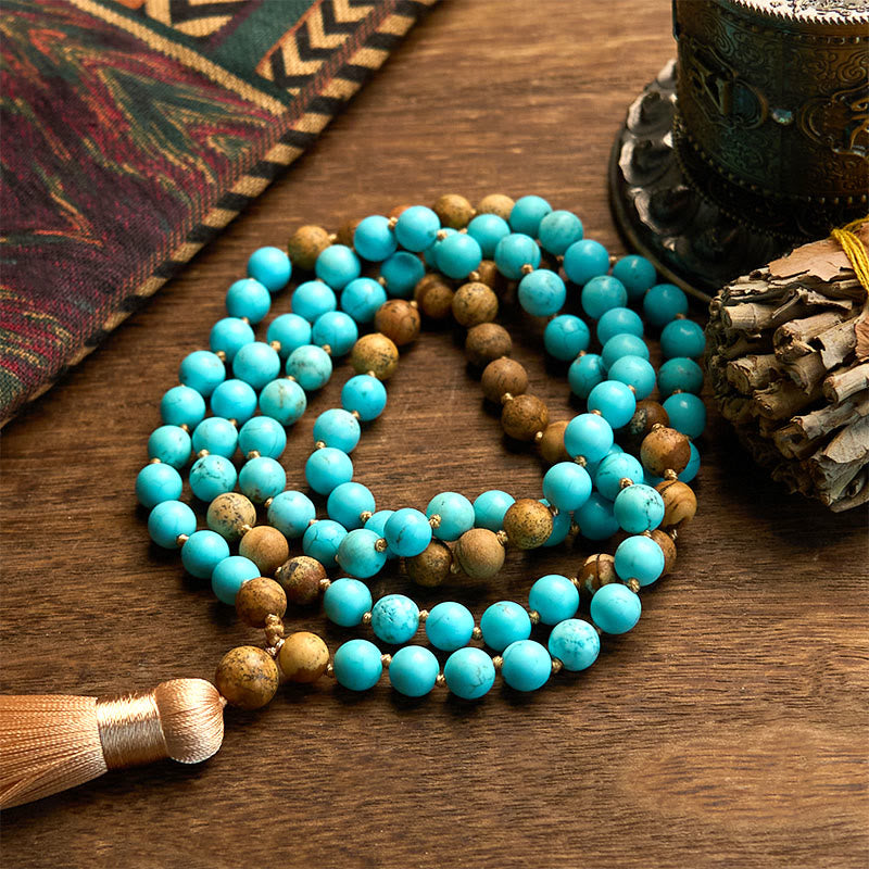 KarmaRipple's 108 Mala Beadwork Turquoise Picture Jasper Bead Tassel Balance Bracelet p1