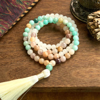 KarmaRipple's 108 Mala Beadwork Authentic Ivory Jade Amazonite Ivory Tassel Balancing Bracelet
