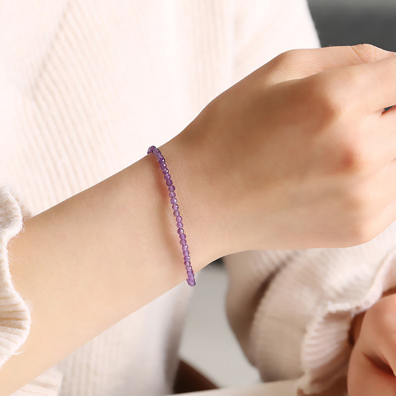 KarmaRipple's 3mm Authentic Amethyst Ultra-thin Beadwork 14k Gold Plated Bronze Spiritual Awareness Bracelet p10