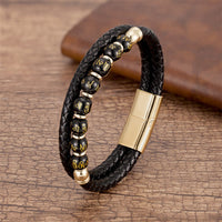 KarmaRipple's Black Onyx Turquoise Tiger Eye Red Agate Om Mani Padme Hum Strength Leather Bracelet