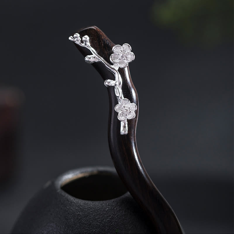 KarmaRipple's 925 Sterling Silver Classical Chinese Style Ebony Plum Blossom Blessing Hairpin p2