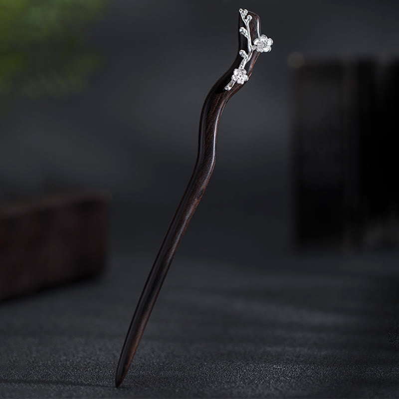 KarmaRipple's 925 Sterling Silver Classical Chinese Style Ebony Plum Blossom Blessing Hairpin p8