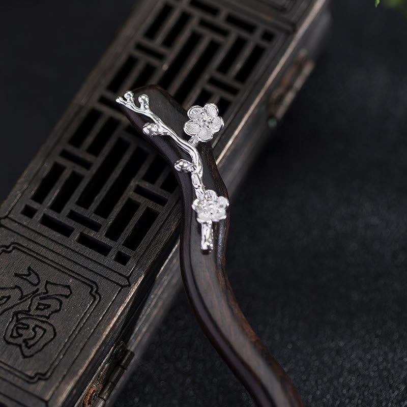 KarmaRipple's 925 Sterling Silver Classical Chinese Style Ebony Plum Blossom Blessing Hairpin p3