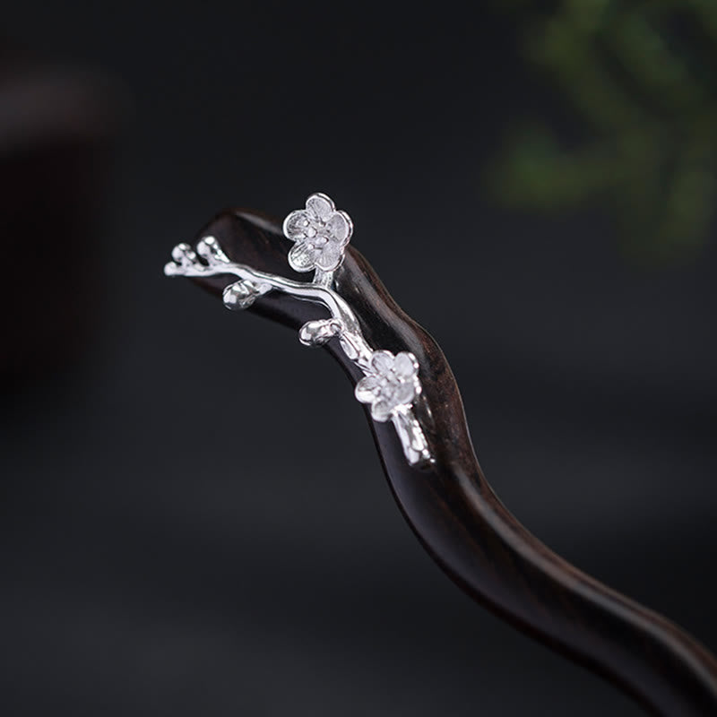KarmaRipple's 925 Sterling Silver Classical Chinese Style Ebony Plum Blossom Blessing Hairpin p5