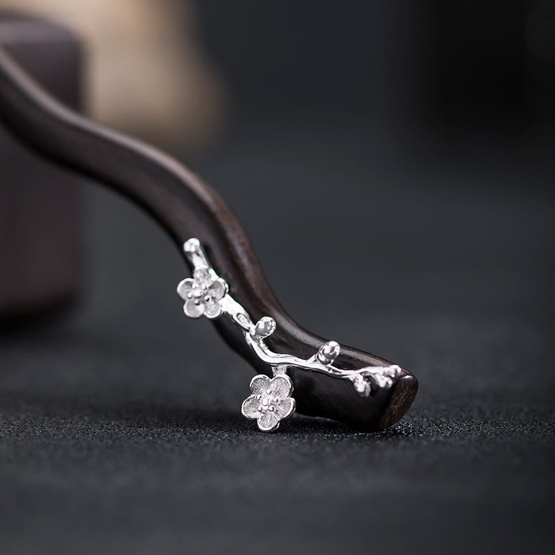 KarmaRipple's 925 Sterling Silver Classical Chinese Style Ebony Plum Blossom Blessing Hairpin p12