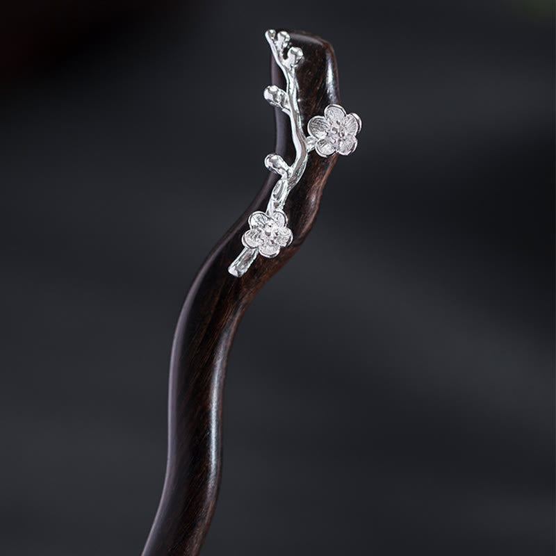KarmaRipple's 925 Sterling Silver Classical Chinese Style Ebony Plum Blossom Blessing Hairpin p9
