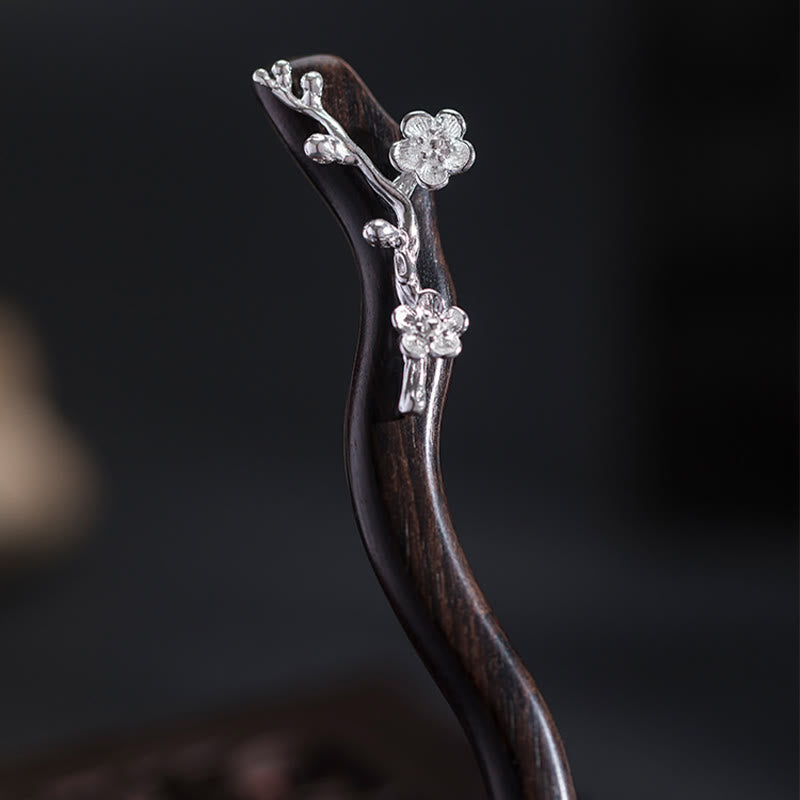 KarmaRipple's 925 Sterling Silver Classical Chinese Style Ebony Plum Blossom Blessing Hairpin p10