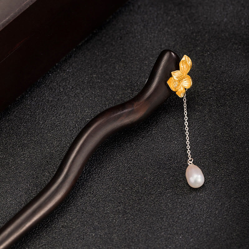 KarmaRipple's 925 Sterling Silver Classical Chinese Style Ebony Lotus Flower Pearl Tassel Blessing Hairpin p12