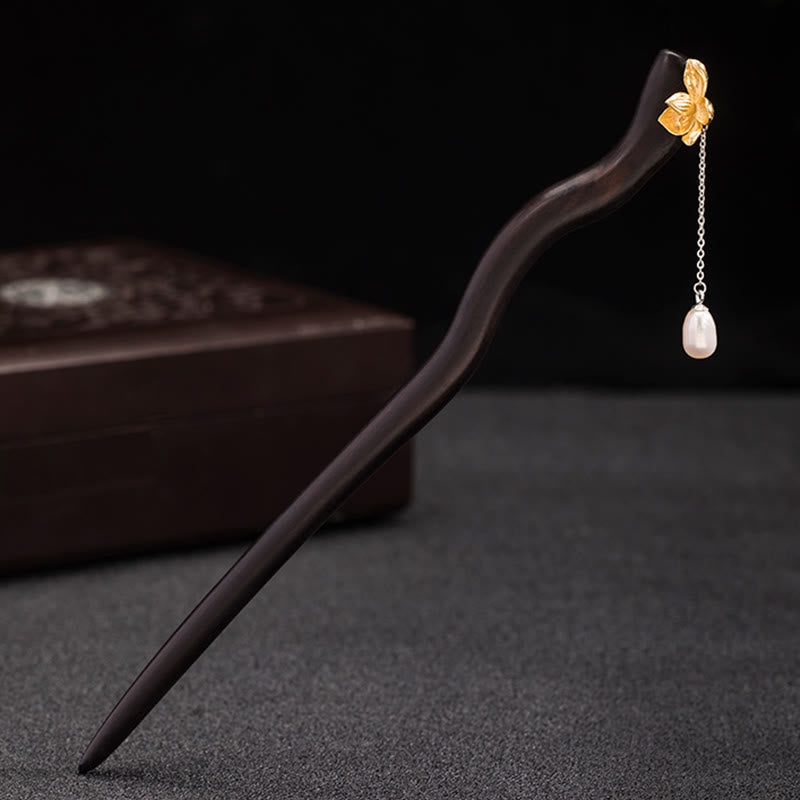KarmaRipple's 925 Sterling Silver Classical Chinese Style Ebony Lotus Flower Pearl Tassel Blessing Hairpin p3