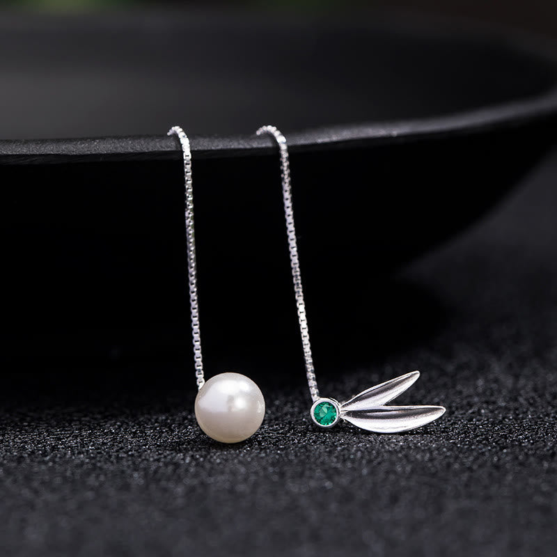 KarmaRipple's 925 Sterling Silver Zircon Pearl Bamboo Leaves Protection Drop Earrings p6