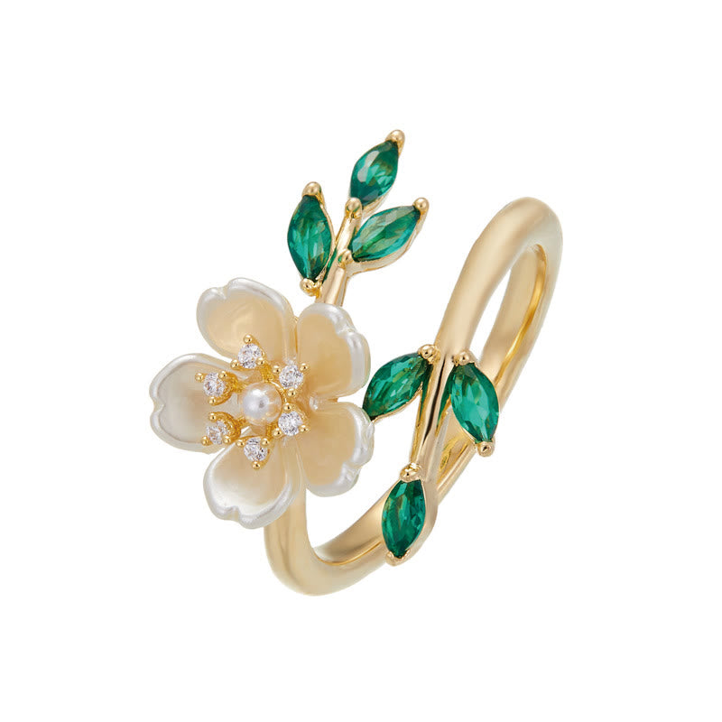 KarmaRipple's Pearl Flower Zircon Leaves Happiness Wealth Adjustable Ring p8