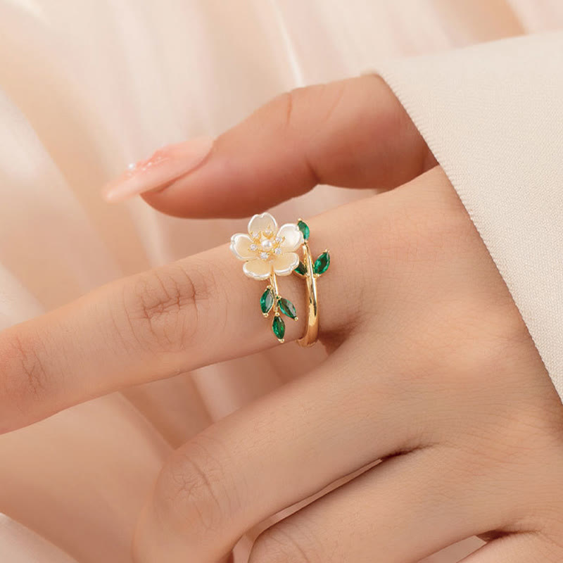 KarmaRipple's Pearl Flower Zircon Leaves Happiness Wealth Adjustable Ring p4