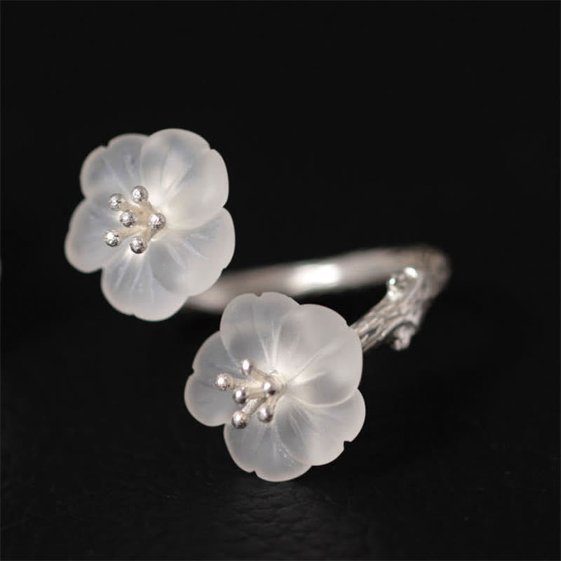 KarmaRipple's 925 Sterling Silver Ivory Gemstone Double Plum Blossom Flower Adjustable Protection Ring p16