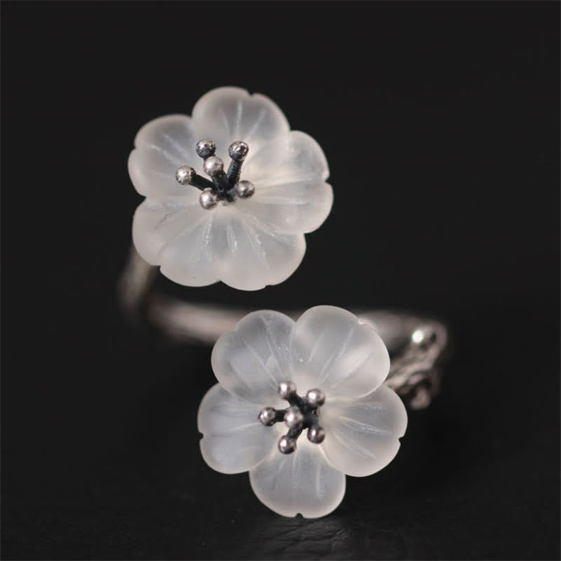 KarmaRipple's 925 Sterling Silver Ivory Gemstone Double Plum Blossom Flower Adjustable Protection Ring p17