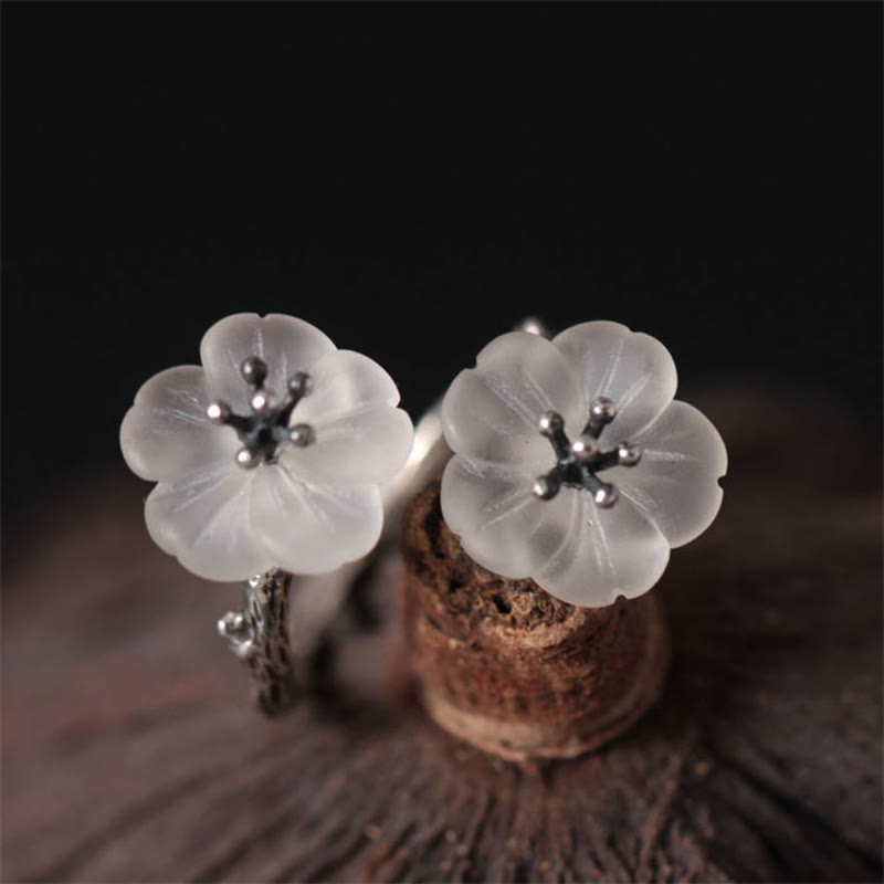 KarmaRipple's 925 Sterling Silver Ivory Gemstone Double Plum Blossom Flower Adjustable Protection Ring p9