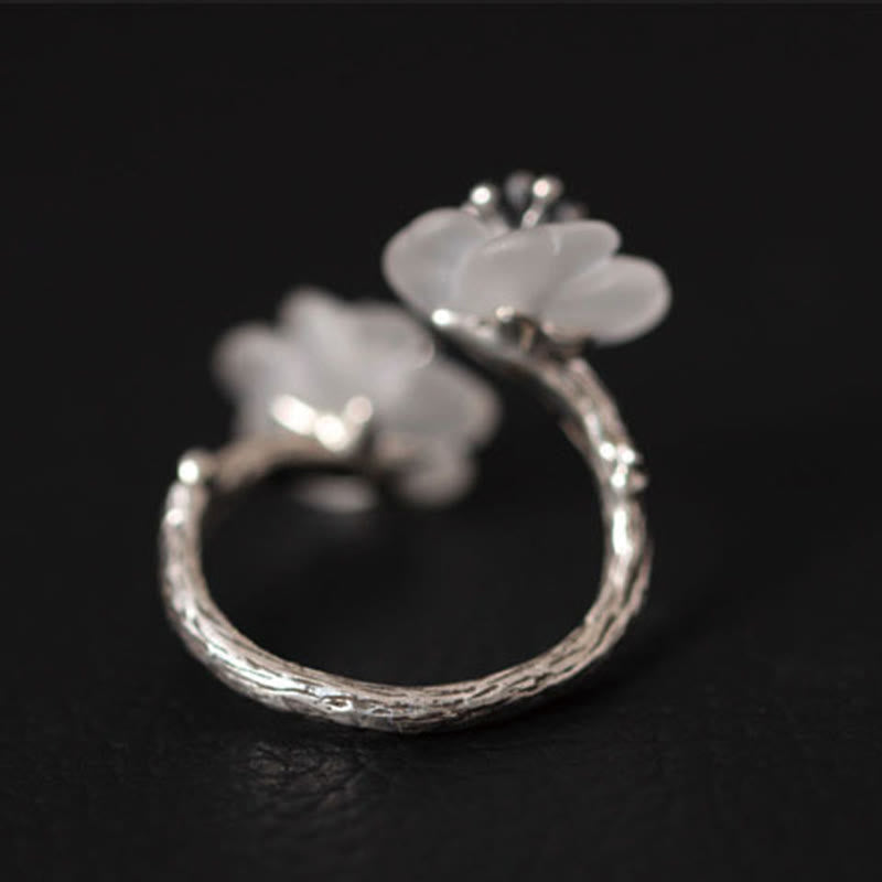 KarmaRipple's 925 Sterling Silver Ivory Gemstone Double Plum Blossom Flower Adjustable Protection Ring p10
