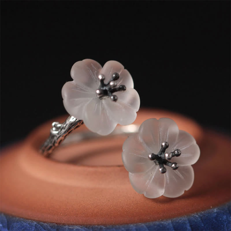 KarmaRipple's 925 Sterling Silver Ivory Gemstone Double Plum Blossom Flower Adjustable Protection Ring p12