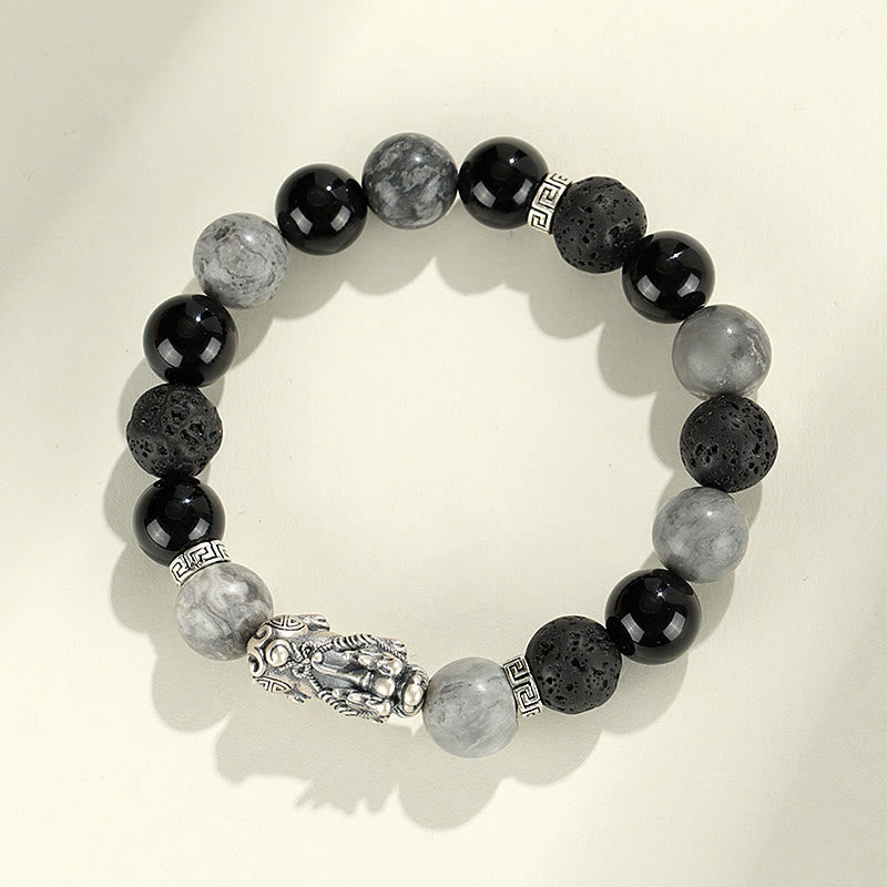 KarmaRipple's 999 Sterling Silver PiXiu Black Onyx Grey Jasper Lava Rock Protection Bracelet p2