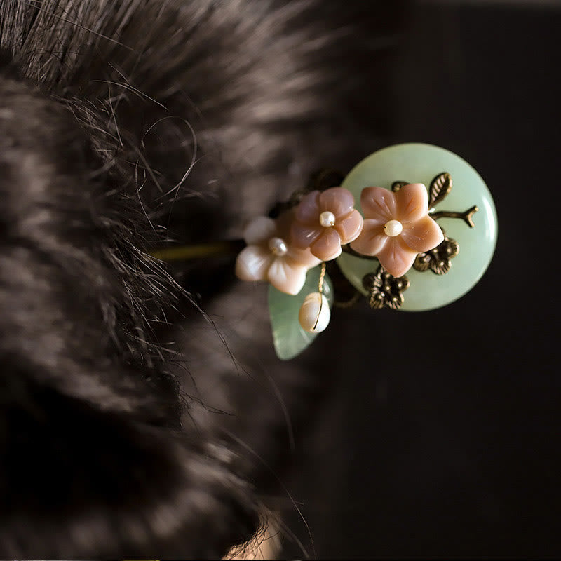 KarmaRipple's Bronze Jade Shell Flower Leaves Fortune Hairpin p5