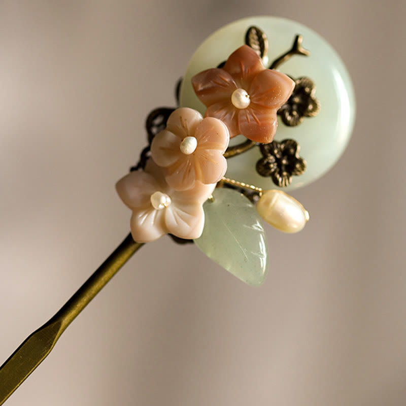 KarmaRipple's Bronze Jade Shell Flower Leaves Fortune Hairpin p2