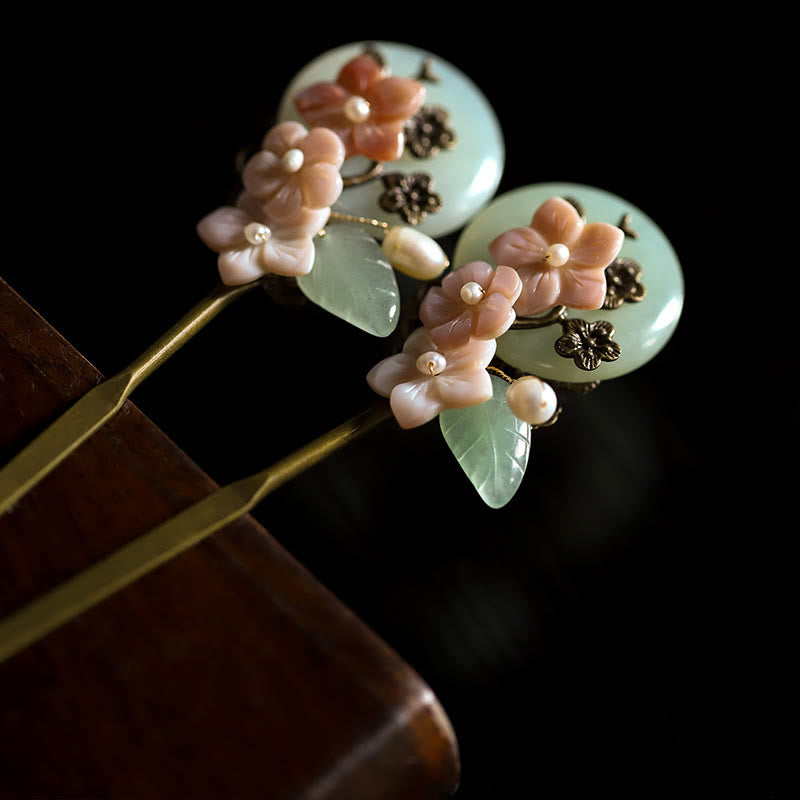 KarmaRipple's Bronze Jade Shell Flower Leaves Fortune Hairpin p8