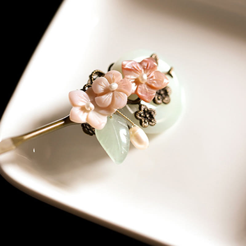 KarmaRipple's Bronze Jade Shell Flower Leaves Fortune Hairpin p4