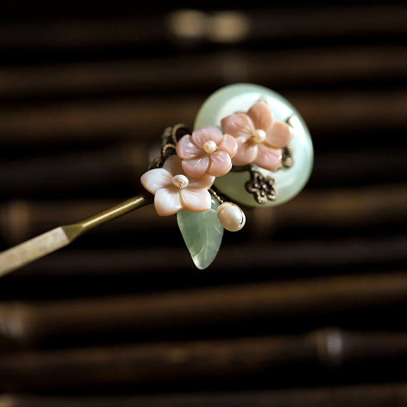 KarmaRipple's Bronze Jade Shell Flower Leaves Fortune Hairpin p3